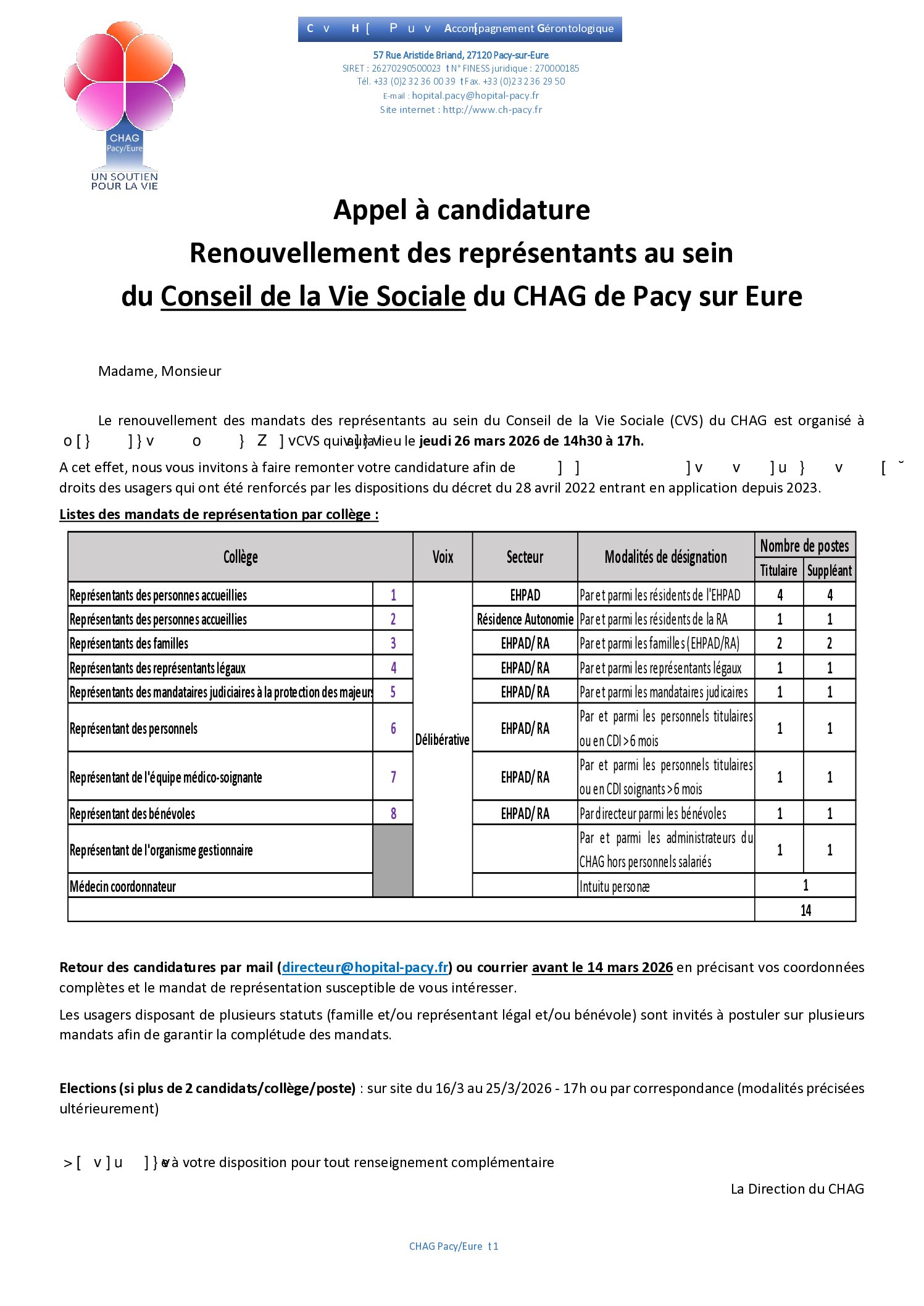 Renouvellement des Représentants du Conseil de la Vie Sociale 2026